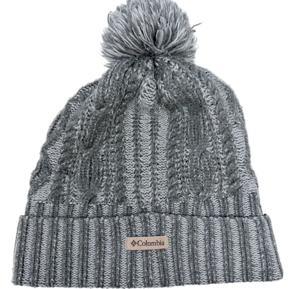 Columbia Grey Cable Knit Beanie Pom Pom Fleece Lined Winter Hat Mens Womens